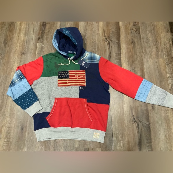 Polo Country Ralph Lauren Flag Patchwork Fleece Hoodie Multi Color Mens Sz M